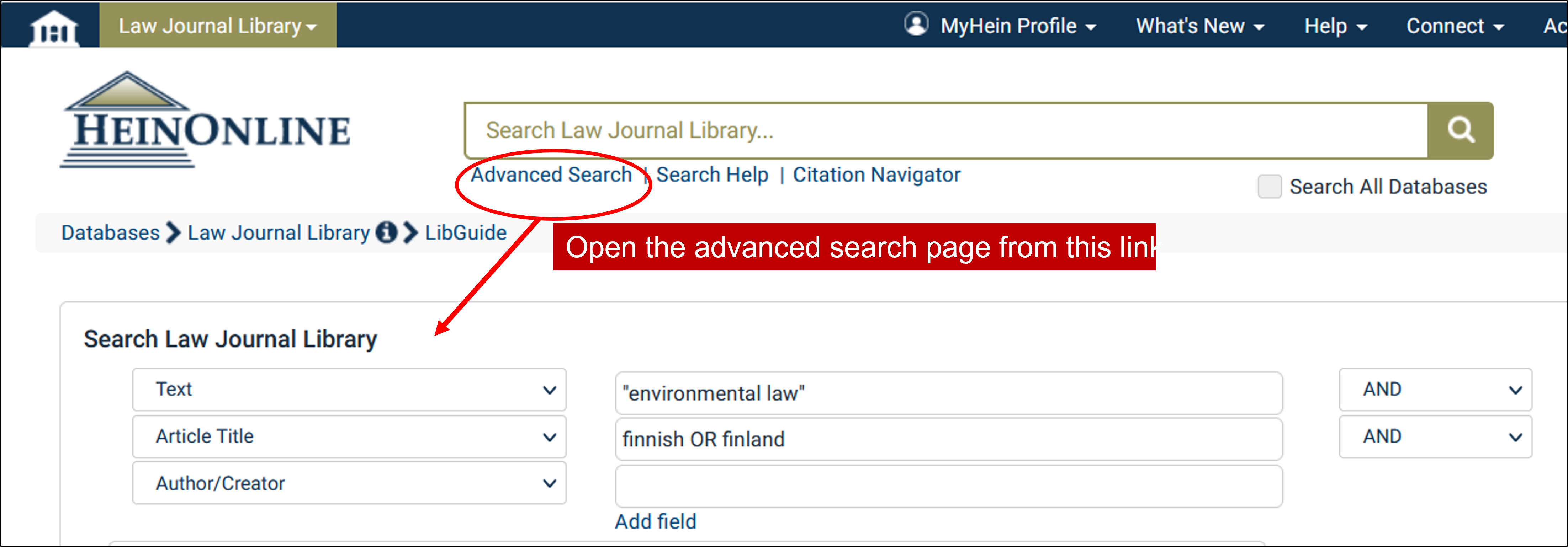 A screen capture of Heinonline. the link for Advanced search is under the quick search line. In advanced search there is a search query: "environmental law" [in Text] AND finnish OR finland [in Article title].