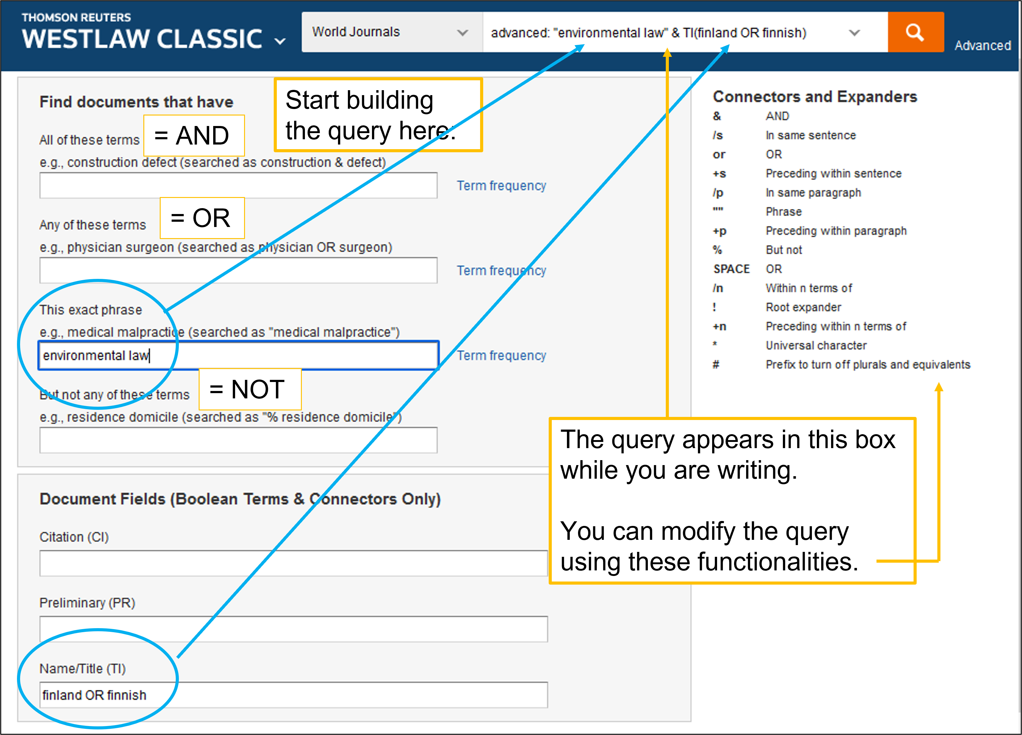 A screen capture of Westlaw search page. The query is "environmental law" AND (finland OR finnish) [in Title]. Terms 'environmental law' are written in a box labelled 'This exact phrase'. Terms 'finland OR finnish' are written in a box labelled 'Name/Title (TI)'. The terms written in boxes are automatically formulated as a search query, which is written on the top of the page. On the right side bar there are special characters, which can be used for modifying the query afterwards.