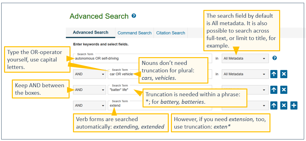Screen capture of IEEE Xplore database advanced search form with some hints of using search techniques. Search query is: (autonomous OR self-driving AND (vehicle OR car) AND “batter* life” AND extend. The query is written on four rows so that AND-operator is located between the rows. Selected search field is All metadata.