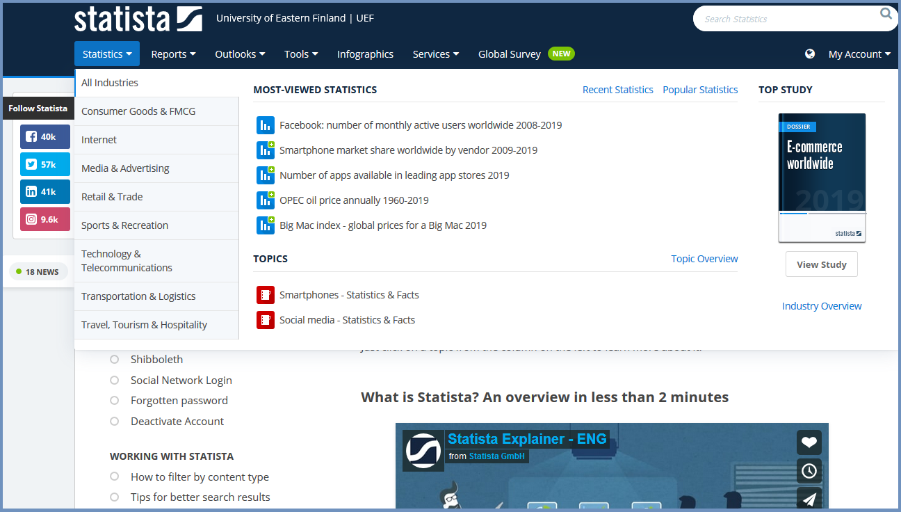 Statista front page: Most viewed statistics. Topics. Search box.