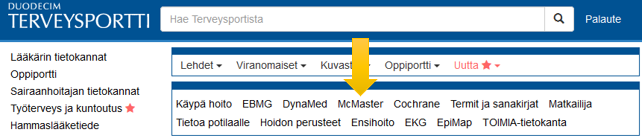 The picture shows how to access McMaster via Terveysportti.