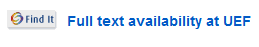 Kuvakaappaus tietokannasta: jäljityslinkki tietokannasta UEF-Primoon. Linkissä lukee Find it. Perässä teksti Full text abalability at UEF. Link in a database for accessing full text information in UEF Primo.