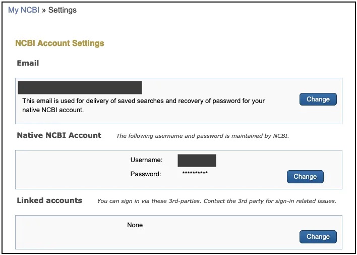 Kuvakaappaus NCBI-tilin asetuksista, | Screen shot of NCBI Account Settings.