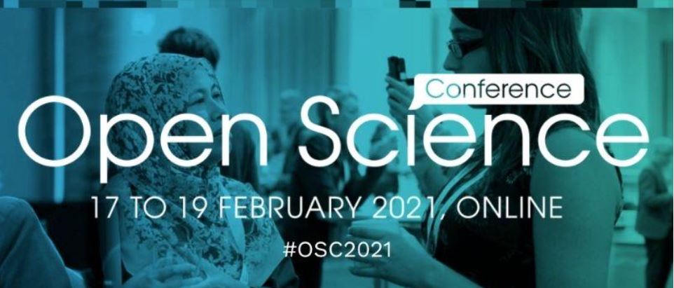 Teksti Open Science Conference 17 to 19 February 2021, online, #OSC2021, taustalla keskustelevia ihmisiä. Text Open Science Conference Teksti Open Science Conference 17 to 19 February 2021, online, and people talking at the background.