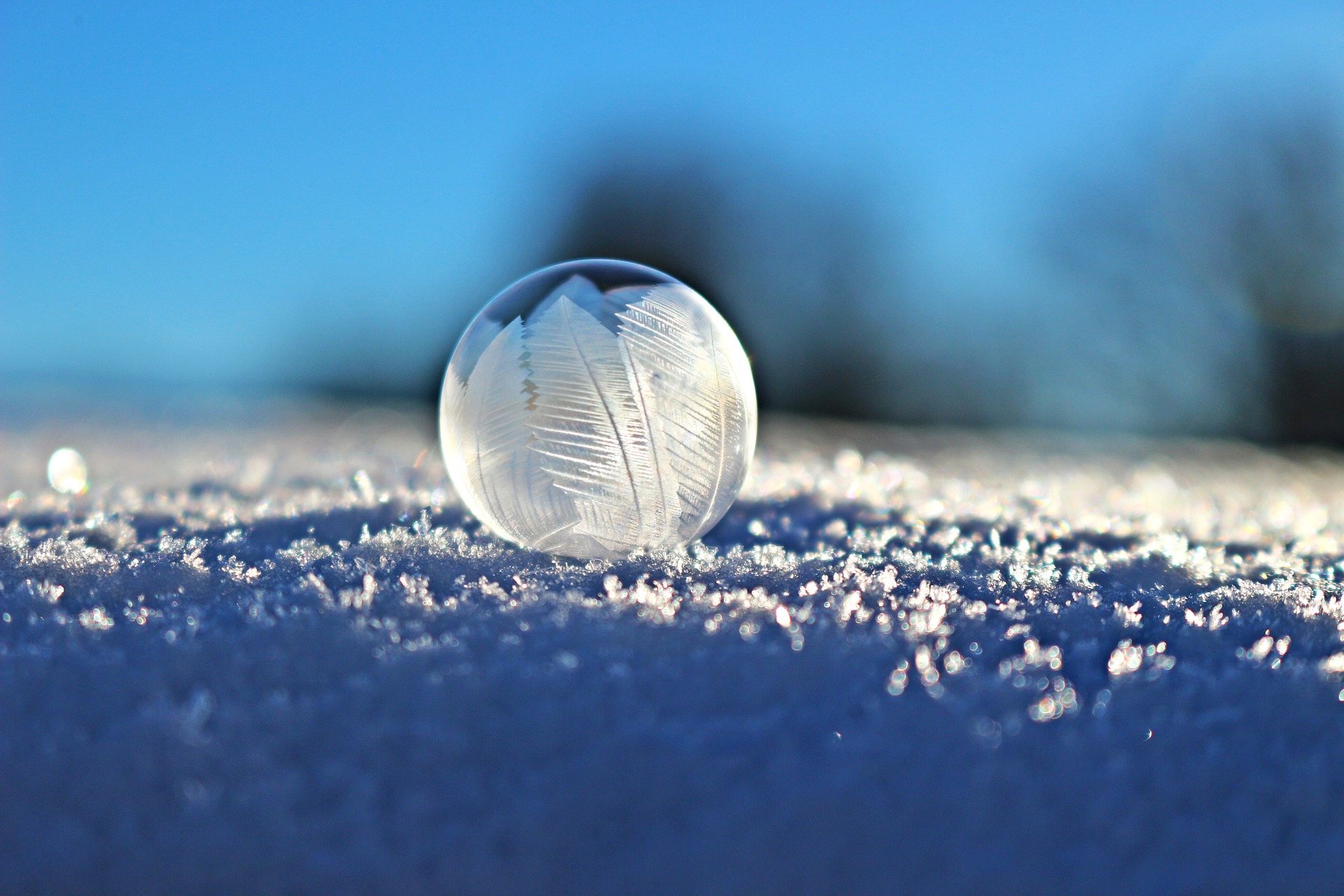 Jäätynyt saippuakupla lumella. Frozen soap bubble on snow.