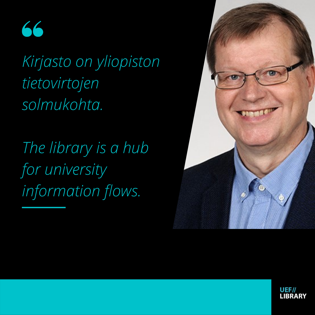 Teksti: Kirjasto on yliopiston tietovirtojen solmukohta. Text: The library is a hub for university information flows. Kuva: Kasvot. Picture: Face.