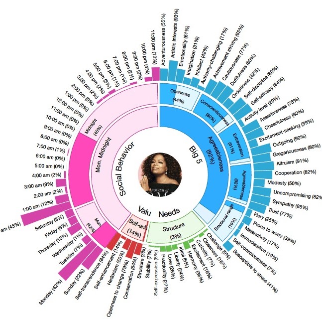 Infograafi, jossa on tekoälyn tietyn Twitter-tilin tviittauksista tuottamaa tietoa. Keskellä on kuva Diana Rossista. Kuvan ympärillä on tietoa henkilön sosiaalisesta käyttäytymisestä, arvoista, tarpeista sekä hyväksyttävyydestä.