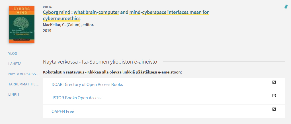 Kuva UEF-Primon tietuenäkymästä: kirjan kansikuva, linkit kirjaan DOABissa, JSTORissa ja OAPENissa.