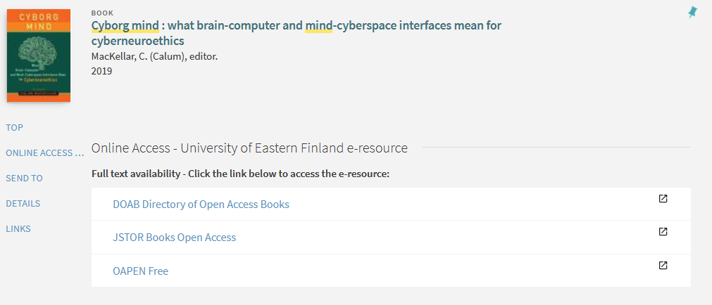 Picture of the record view in UEF Primo: cover illustration, links to DOAB, JSTOR and OAPEN.