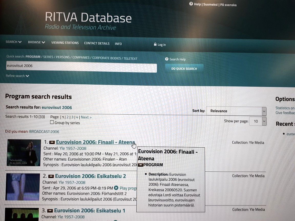 Search interface of the Ritva database