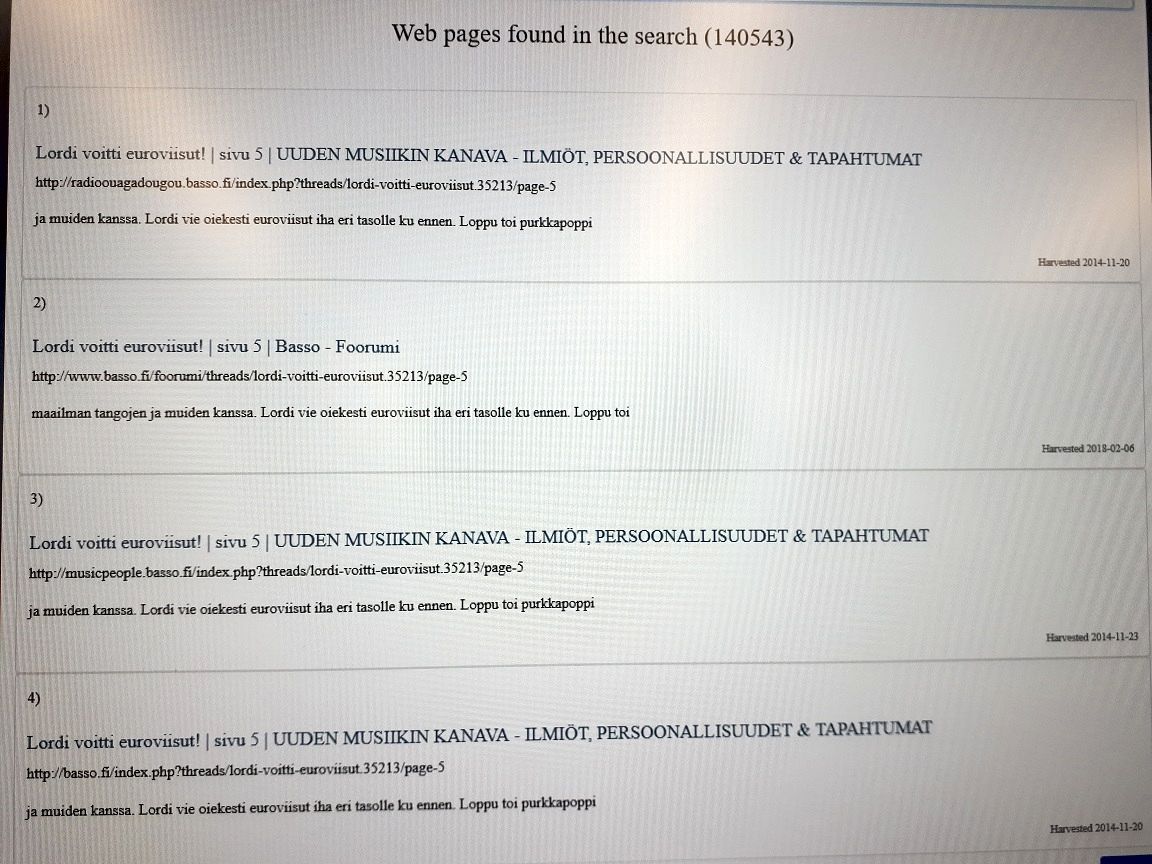 Links to web pages found in the search