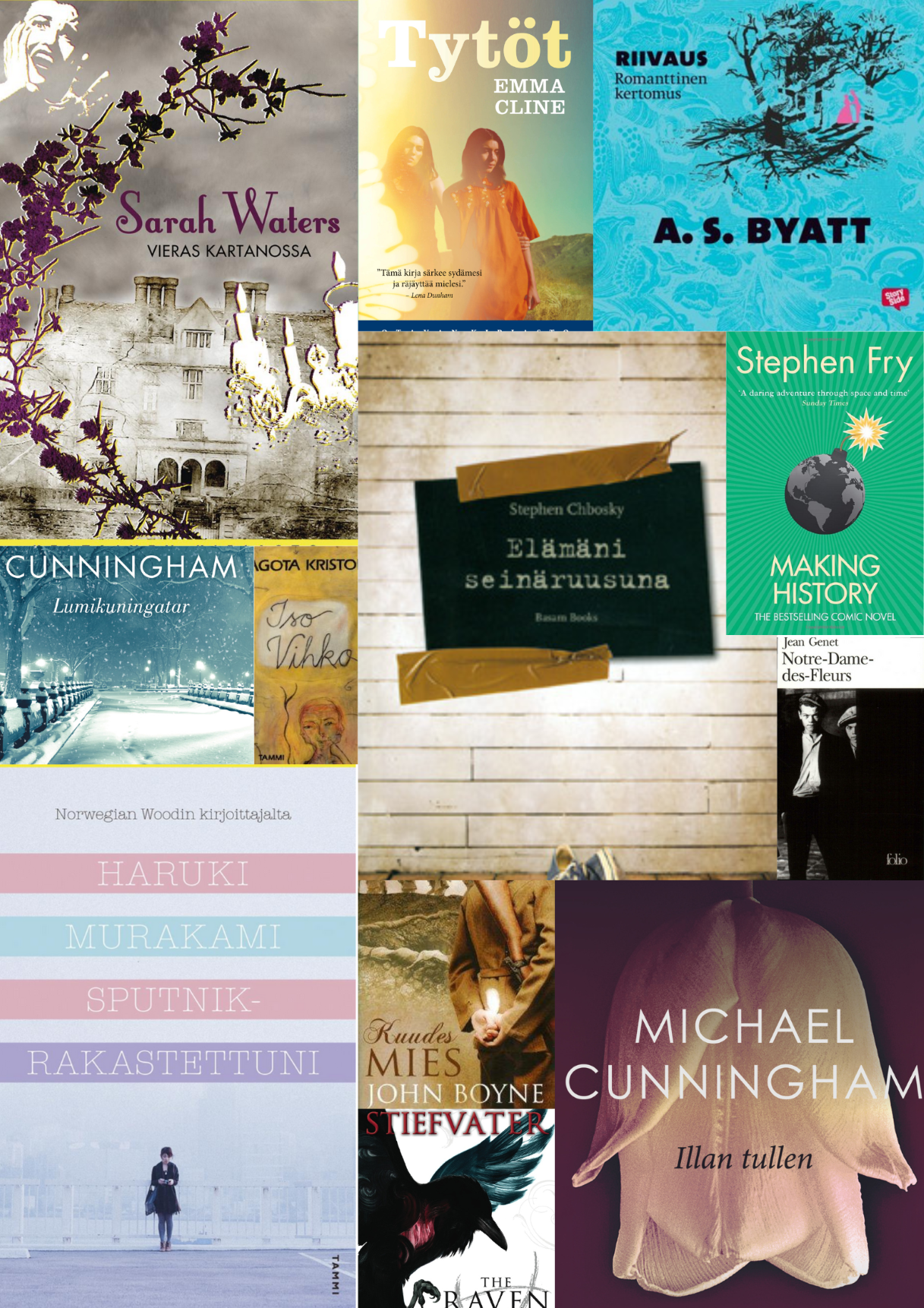 Kirjoituksessa mainittujen kirjojen kansikuvia kollaasina. Collage of covers of the books mentioned in the post.