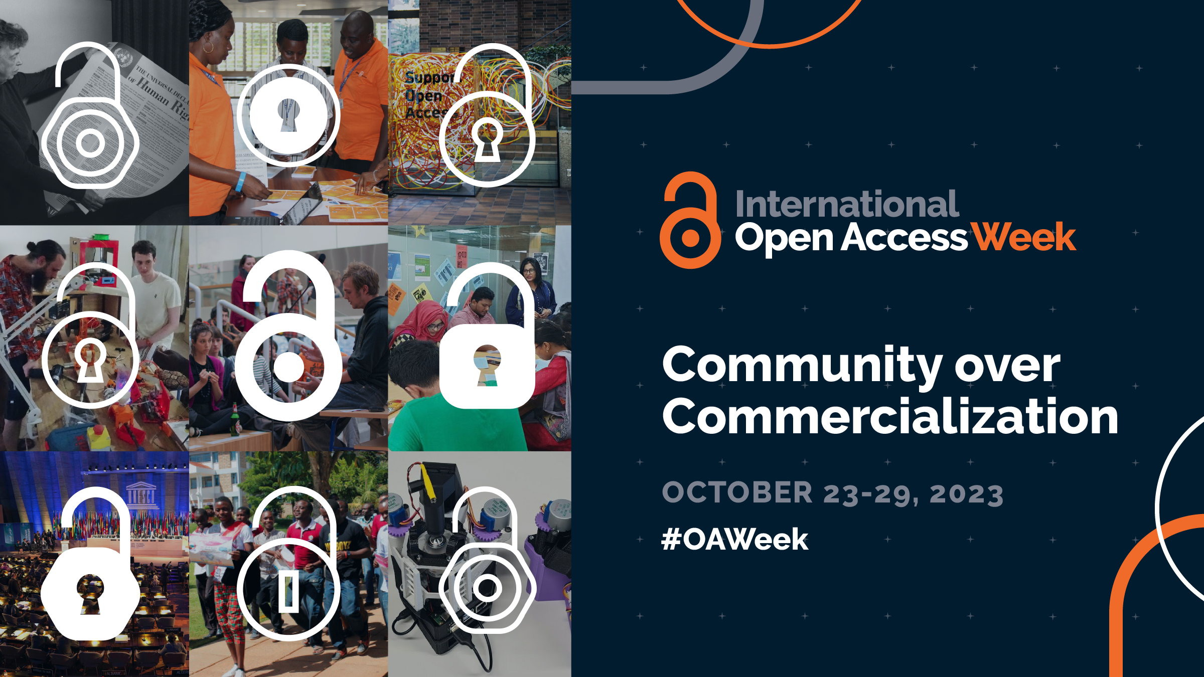 International Open Access Week "Community over Commercialization", October 23-29, 2023, #OAWeek.