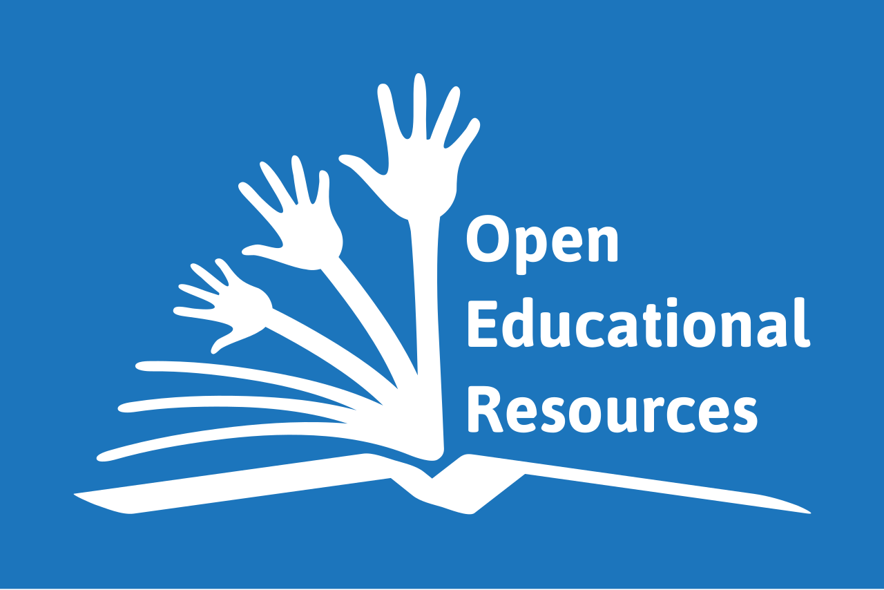 Blue and white logo of Open Educational Resources. In the logo there are three waving hands and the text "Open Educational Resources" on an open book.