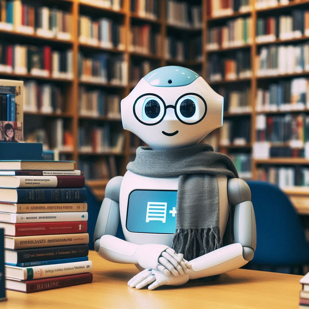 Tekoälyn luoma kuva kirjastossa työskentelevästä tekoälyrobotista. | An image created by AI of an AI robot working at a library.