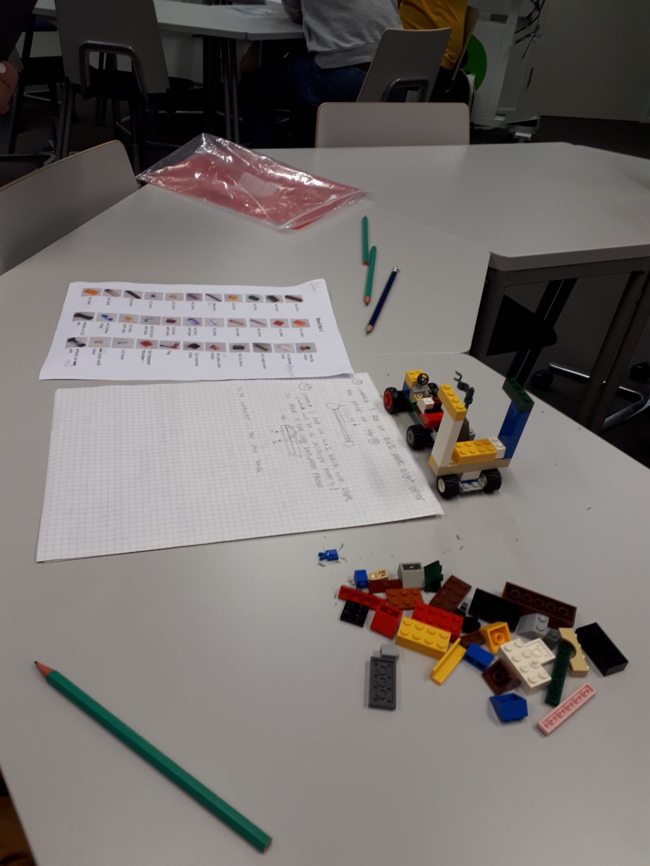 Kuva ryhmätyöskentelyn tuotoksesta. Kuvassa pöytä, legopalikoita, kyniä, muistiinpanoja. | A picture of the output of group work. The picture shows a table, lego blocks, pens, notes.