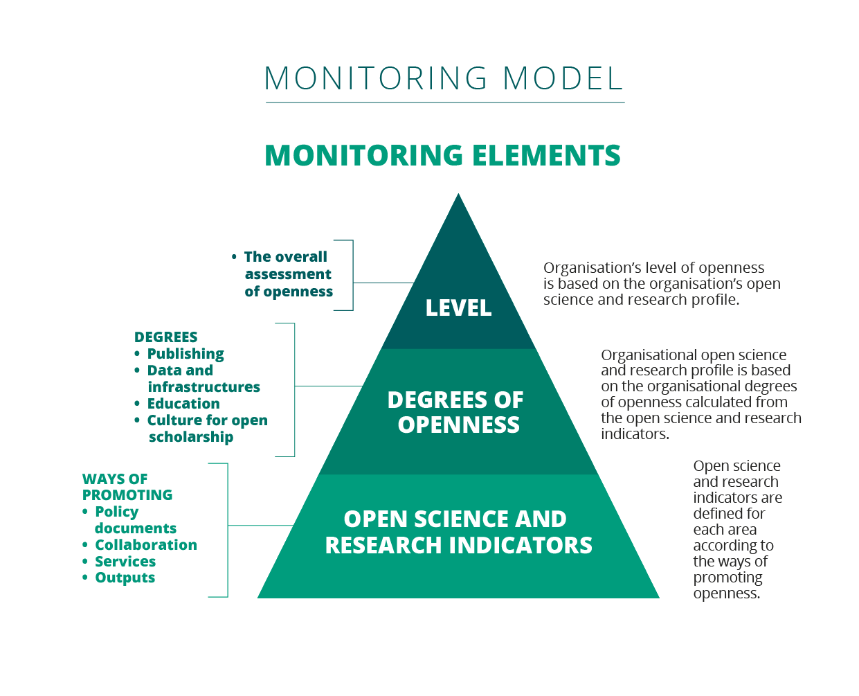 Monitoring model for open science and research in Finland. A pyramid diagram, with openness indicators at the base, defined for each area. In the middle, the levels of openness, which form the organization's profile based on the levels of openness calculated from the openness indicators. At the top, a level formed based on the organization's openness profile.