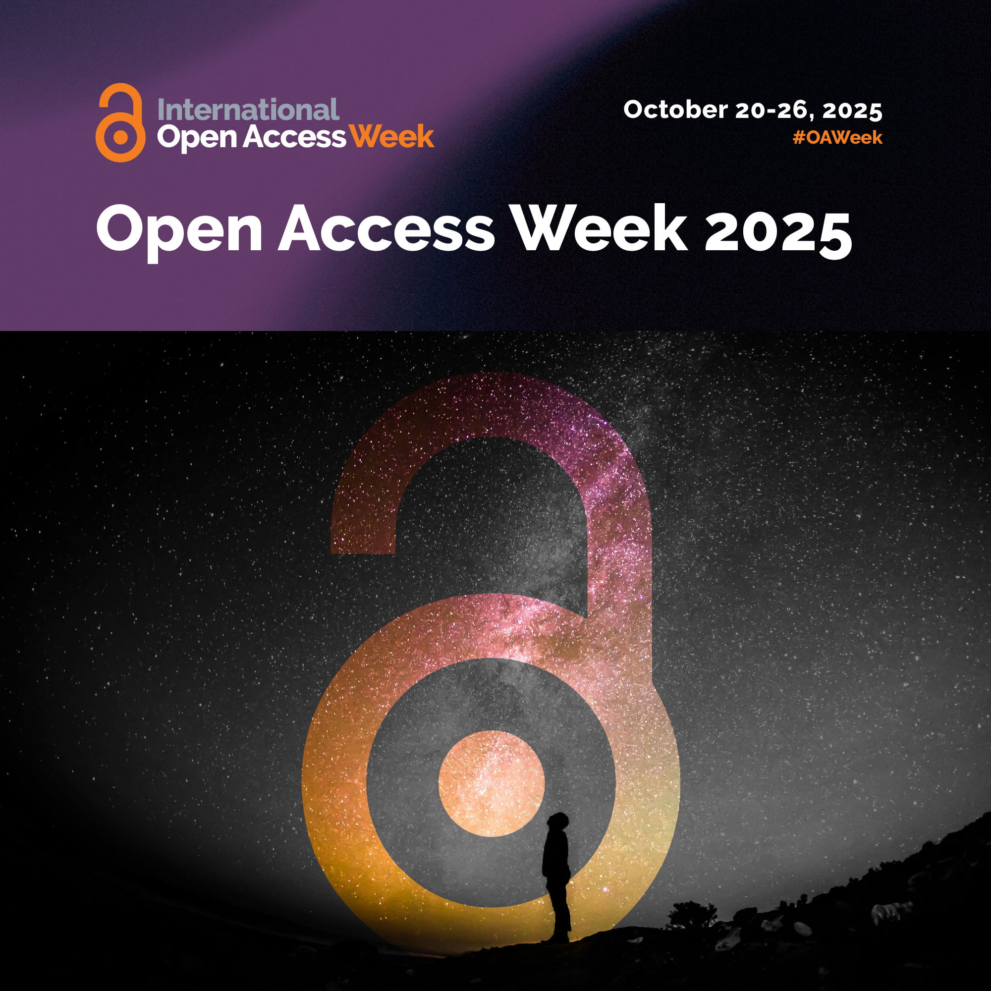 Kansainvälisen oa -viikon 2025 -juliste, jossa päivämäärät, aihetunniste #oaweek ja logo (avoin lukko) ja taustalla henkilö mustana siluettina katselemassa tähtitaivasta. International open access week 2025 poster with the dates, hashtag #oaweek and the logo (open lock) on a background where a silhoutte of a person is looking at starry sky.