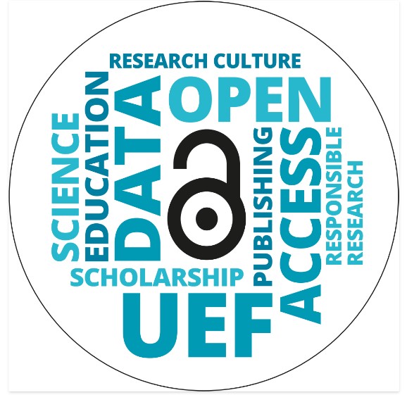 UEFin avoimen tieteen tarrassa avoimen tieteen lukko ja sanat research culture, open, scholarship, UEF, science, education, data, publishing, access, responsible ja research. | UEF open science sticker with an open science lock and words:  research culture, open, scholarship, UEF, science, education, data, publishing, access, responsible ja research.