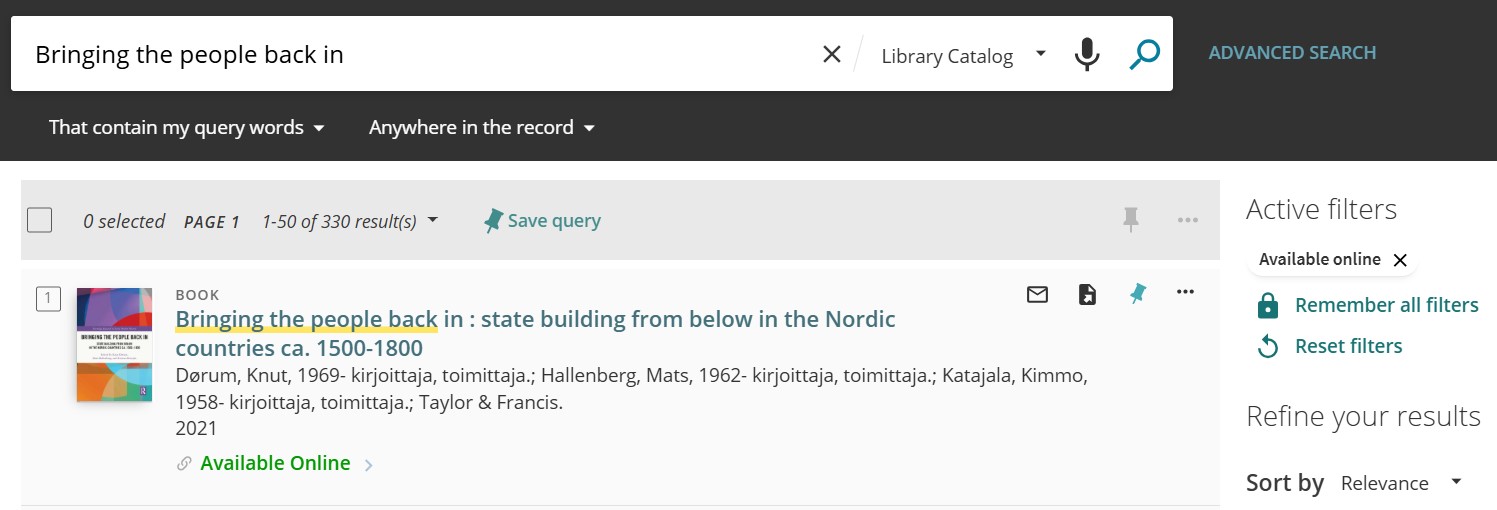 A basic search in UEF Primo with the search term Bringing the people back in entered in the search field.