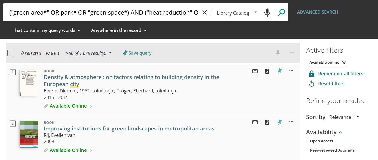A basic search in UEF Primo with the search phrase about how green areas impacts on heat reduction in urban areas.