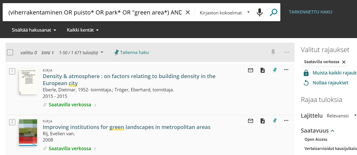 UEF-Primon perushaku, jonka hakukentässä on hakulause aiheesta viheralueet kaupungeissa.