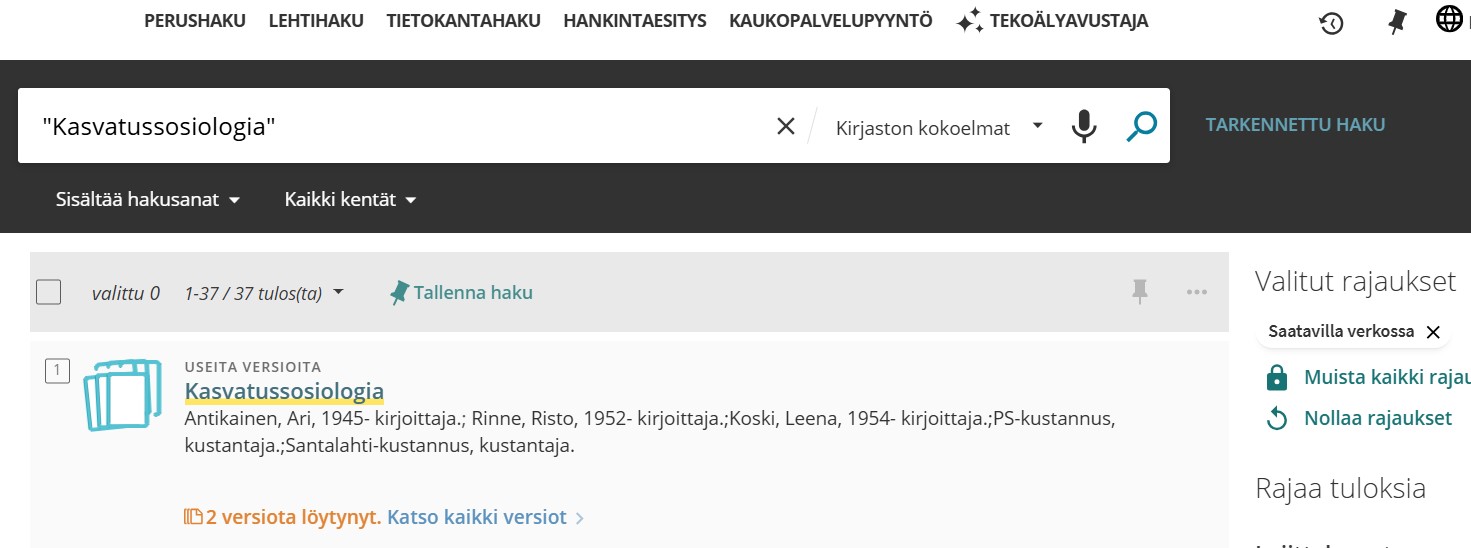 UEF-Primon perushaku, jonka hakukenttään on kirjoitettu "Kasvatussosiologia".