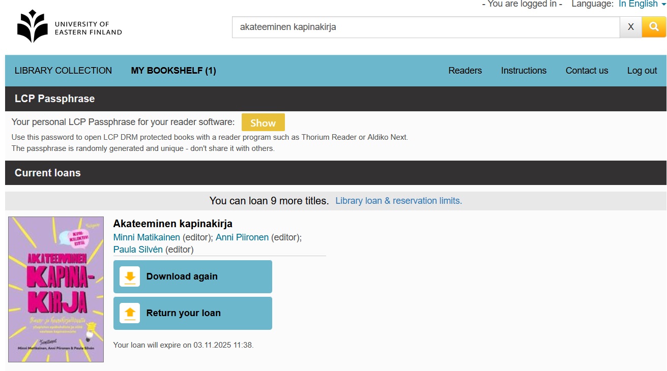 Ellibs website with the My bookshelf section open.