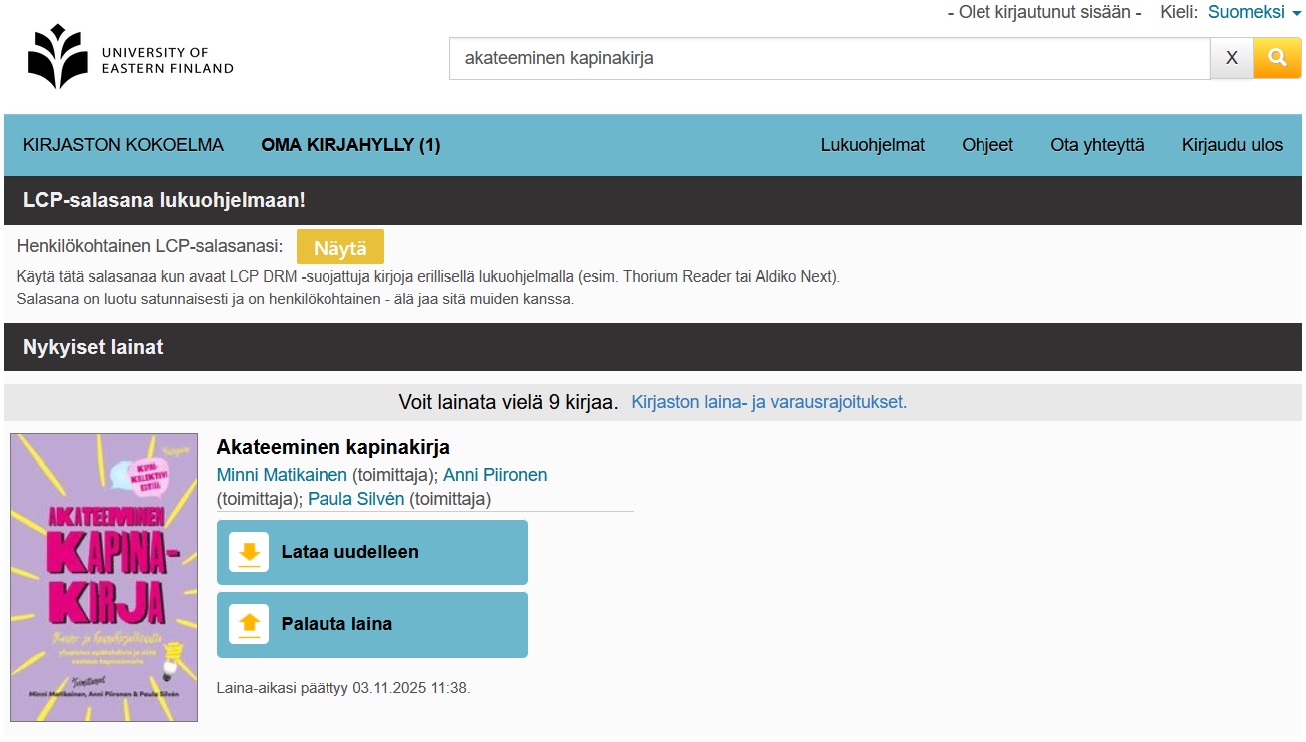 Ellibsin Oma kirjahylly -sivu, jossa näkyy toiminnot lainatun kirjan lataamiseen ja palauttamiseen.