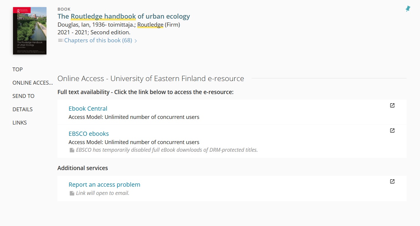 Primo book information page with the links to Ebook Central and EBSCO ebooks visible along with the Access Model information 'Unlimited number of concurrent users'.
