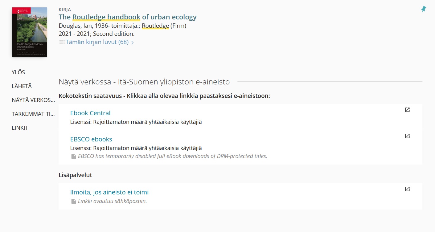 UEF-Primon tietuesivu, jossa on linkit Ebook Central- ja EBSCO ebooks -palveluihin ja lisenssitieto: Rajoittamaton määrä yhtäaikaisia käyttäjiä.