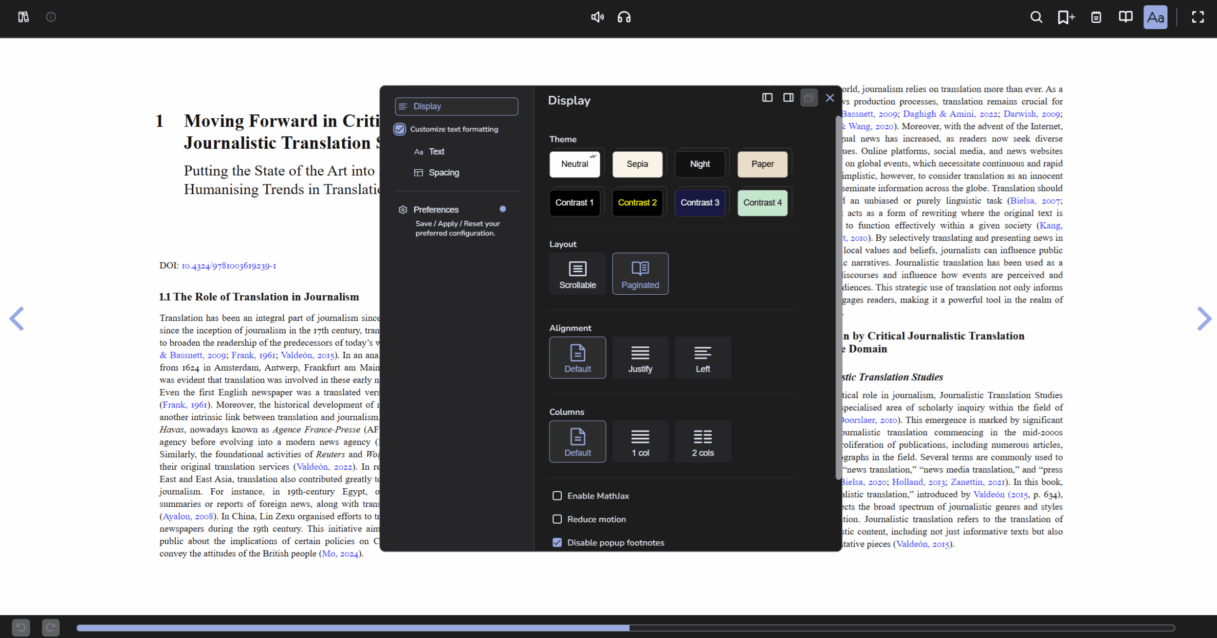 Thorium Readerin lukunäkymä, jossa on Display-valikko auki.