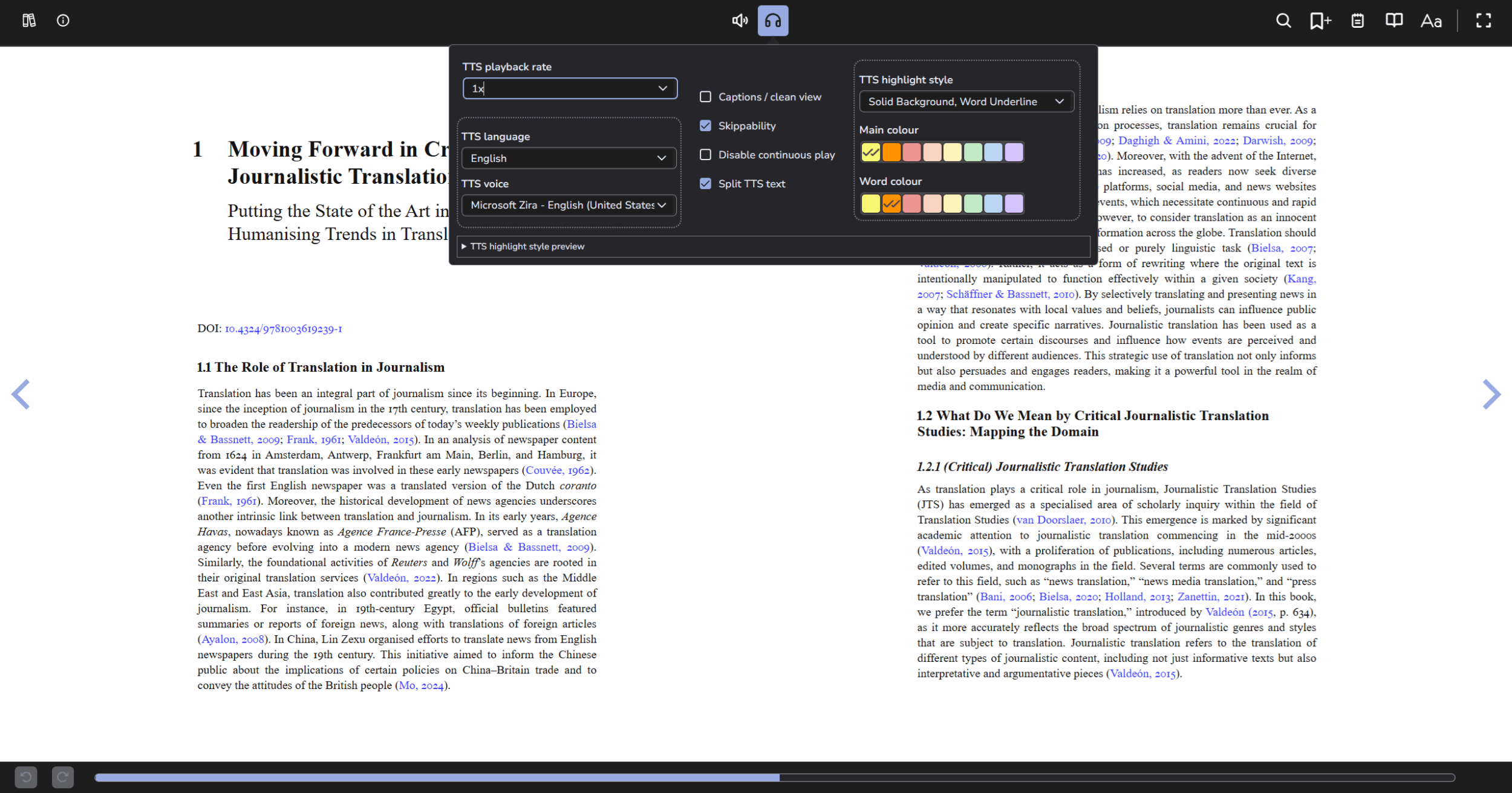 Thorium Reader reading view with the TTS options open.
