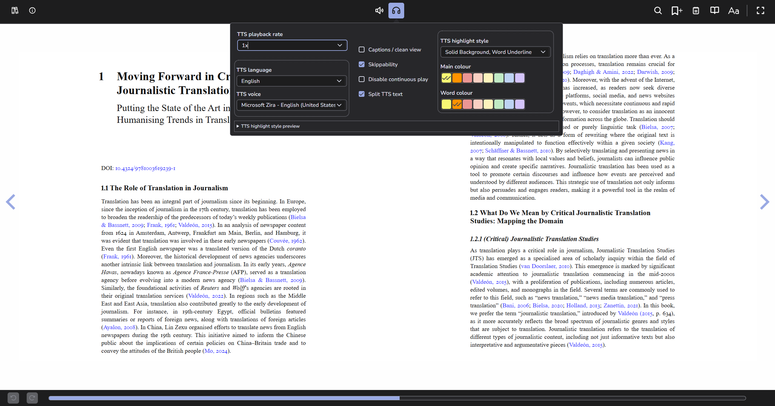 Thorium Readerin lukunäkymä TTS options avattuna.