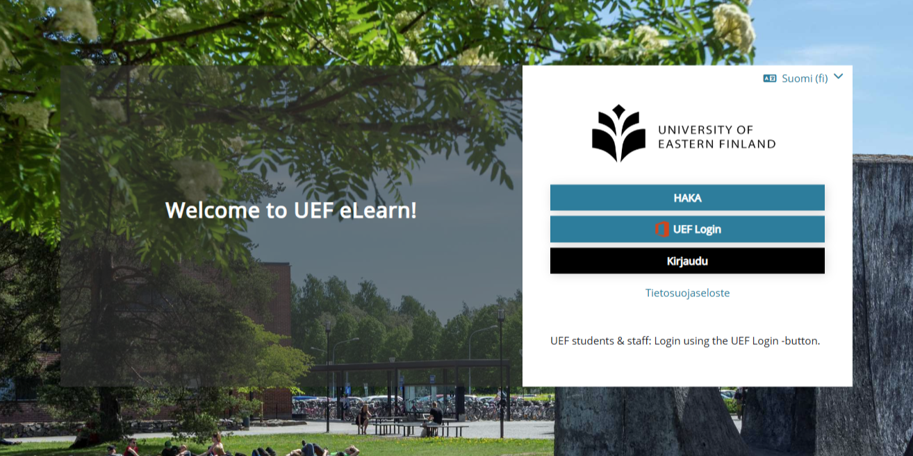 Kuvassa yliopistolla käytössä olevan UEF eLearn Moodlen kirjautumissivu. | The picture shows the login page for the eLearn Moodle currently used at the UEF.