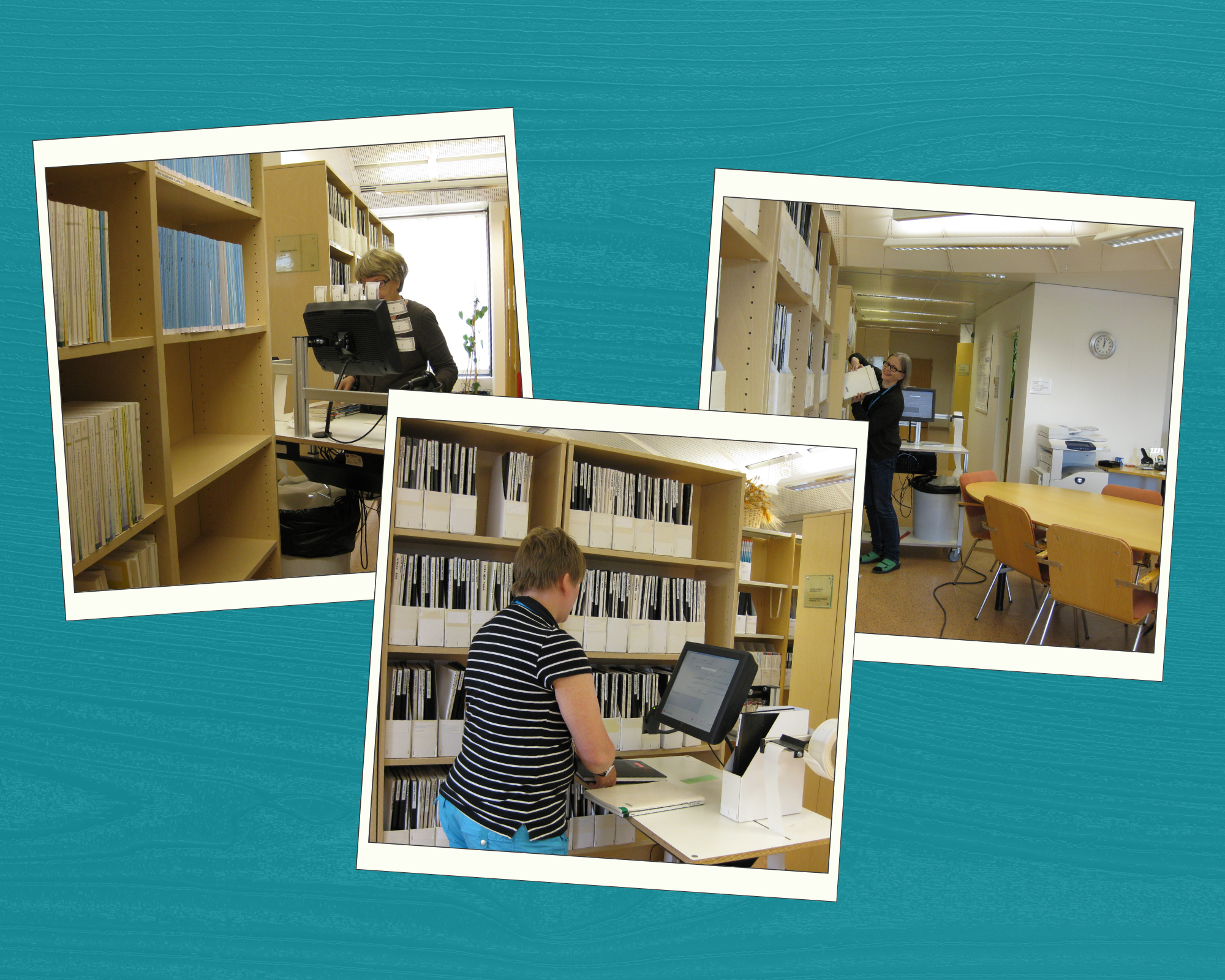 Kolmen kuvan kokoelma. Jokaisessa kuvassa ihminen kirjastotyössä. 