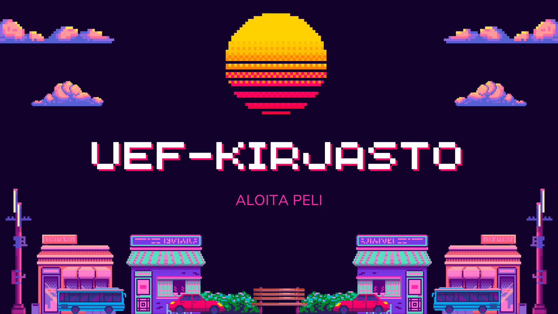 Tämä blogipostaus on kirjaston tervehdys uusille opiskelijoille, ja se on tehty klassisen videopelin tyyliin visuaalisesti ja kielellisesti. Blogipostaus koostuu viidestä kuvituskuvasta, joihin on yhdistetty tekstiä.
 
1. kuvateksti: UEF-kirjasto, aloita peli