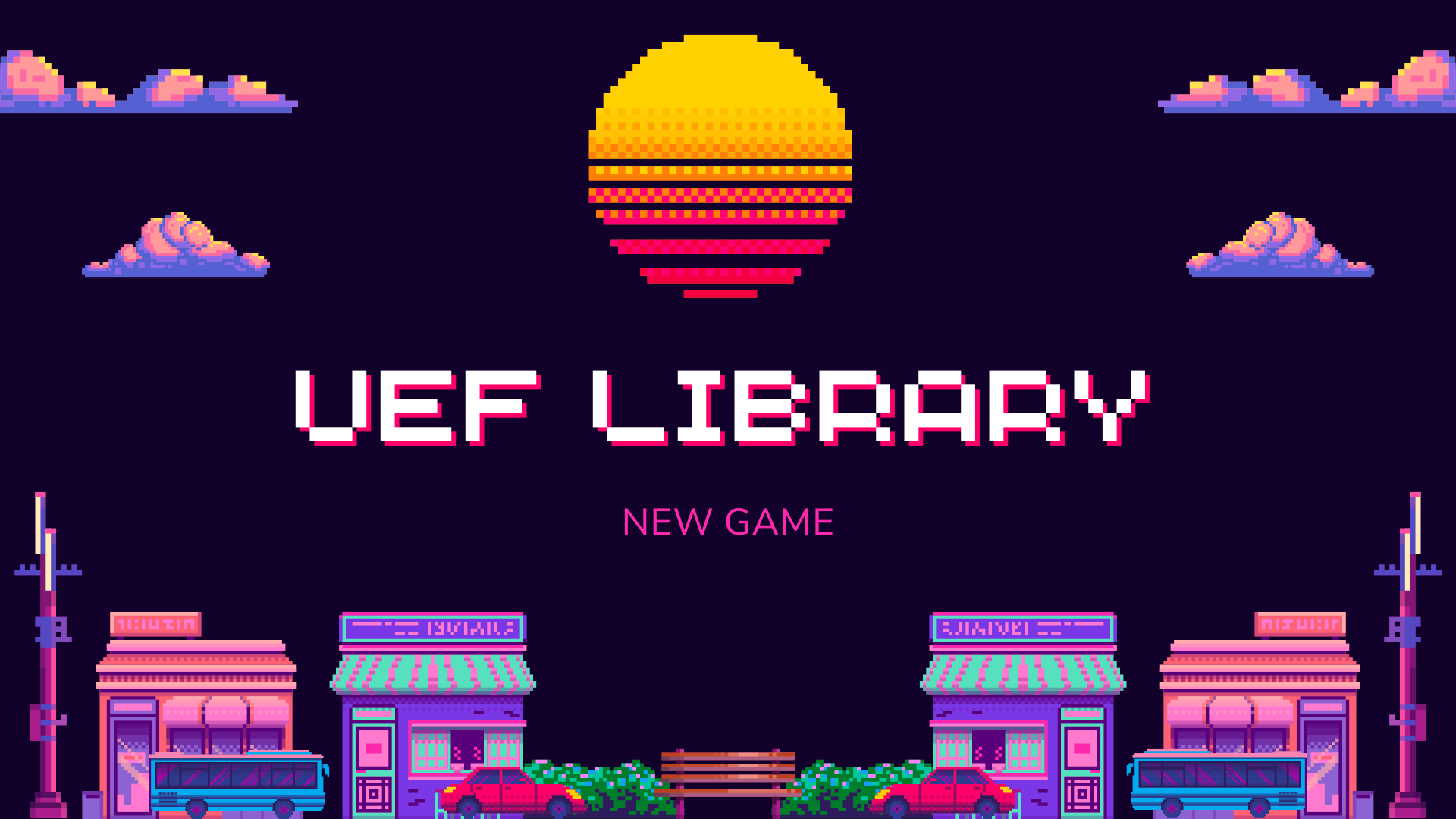 This blog post is the library’s welcome message to new students, presented in the style of a classic video game, both visually and linguistically. The post consists of five illustrated images, each accompanied by text.

Caption 1: UEF Library, New game