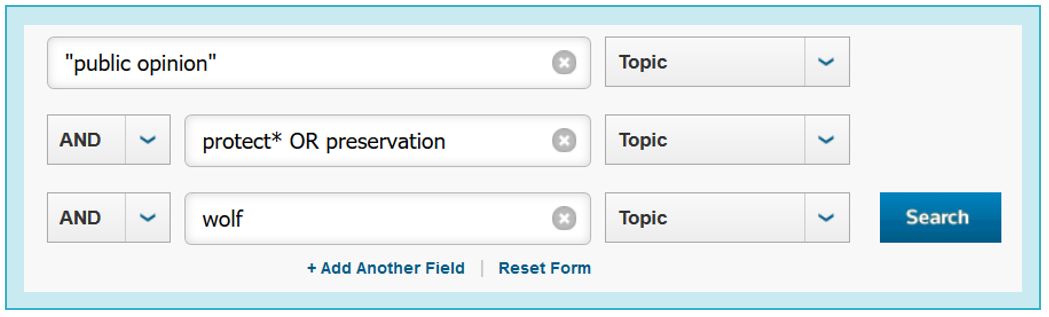 Advanced search form with search terms "public opinion" and protect OR preservation AND wolf.