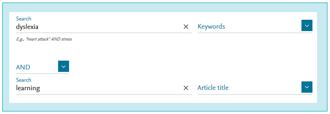 In this example the first search term "dyslexia" is searched in keywords field, the second term "learning" in article title.