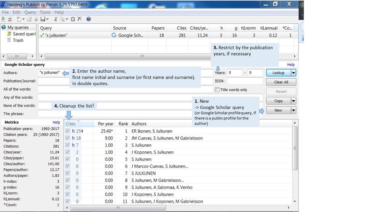 Screen capture on Publish or Perish database. 1. Start by choosing 'New' GS query. 2. Enter the author name. 3. Restrict by the publication years if necessary. 4. Cleanup the list if needed.