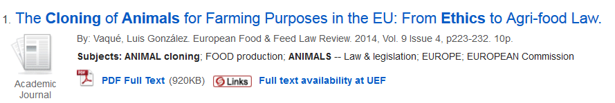 Search cloning and animals and ethics gives results with all the searc terms. For example, the article "The clonign of animals for farming purposes in the EU: from ethics to agri-food law".