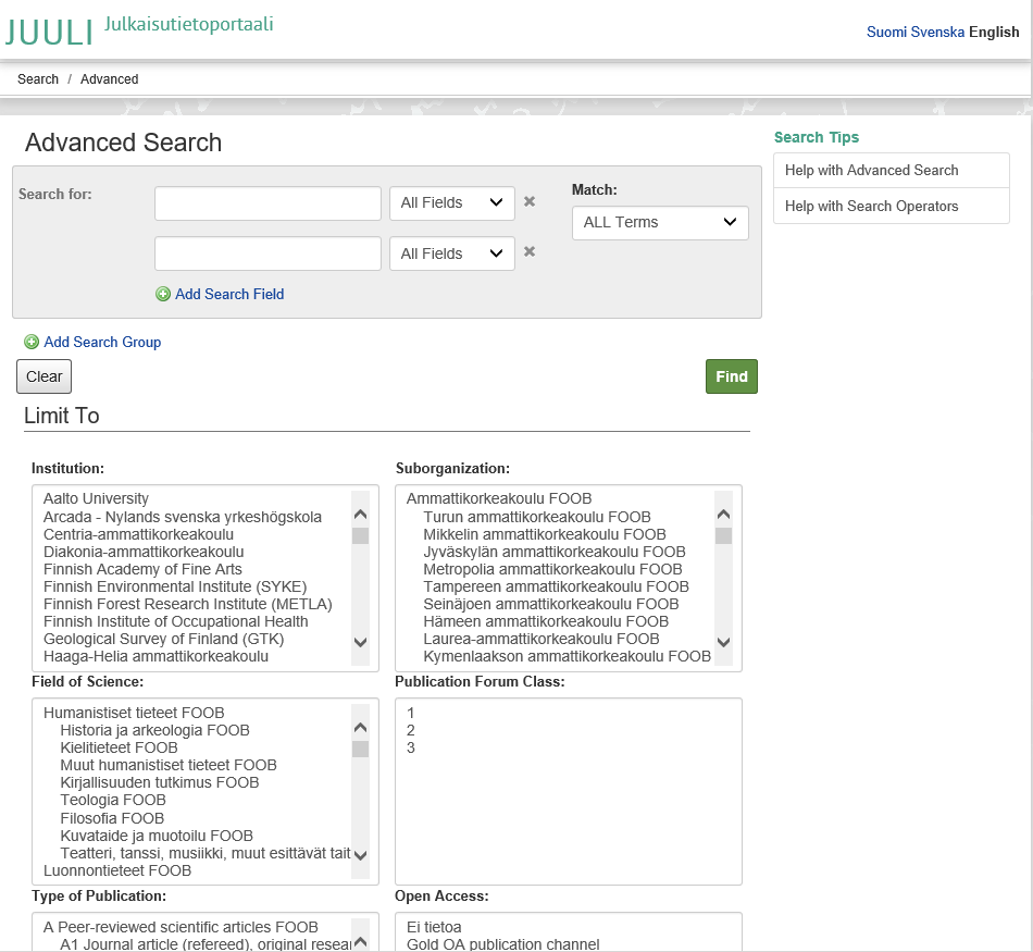 Screen capture on JUULI database. In advanced search you can e.g. limit your search to institution, field of science, type of publication, suborganization, publication forum class or open access type.