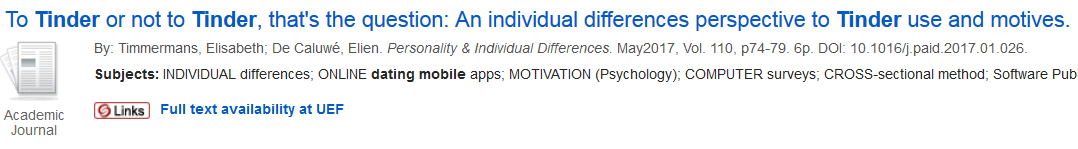 Result for the search tinder and mobile dating is an article called "To tinder or not to tinder".