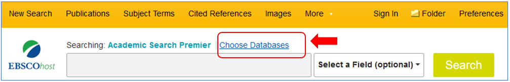 Screen capture of Ebscohost search form with a highlighted hint: in Ebscohost database in changed from the link "Choose databases" above the search box.