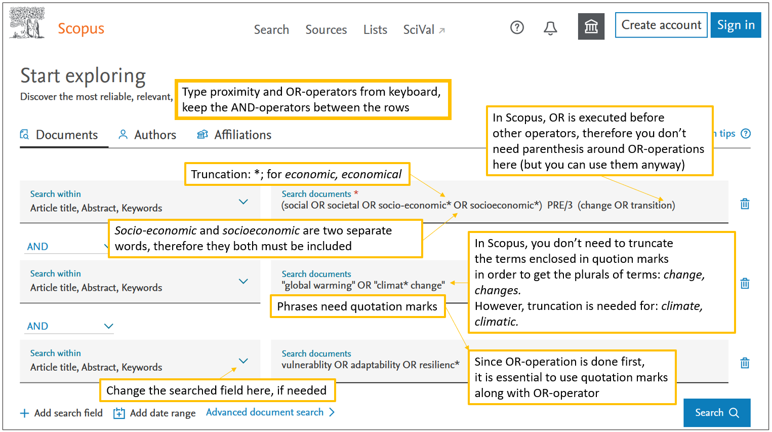 A screen capture of Scopus database Document search -form with some hints of using search techniques. Search query is: ((social OR societal OR socio-economic OR socioeconomic) PRE/3 (change OR transition)) AND (“global warming” OR “climat* change”) AND (vulnerability OR adaptability OR resilienc*). The query is written on three rows so that AND-operators are located between the rows.