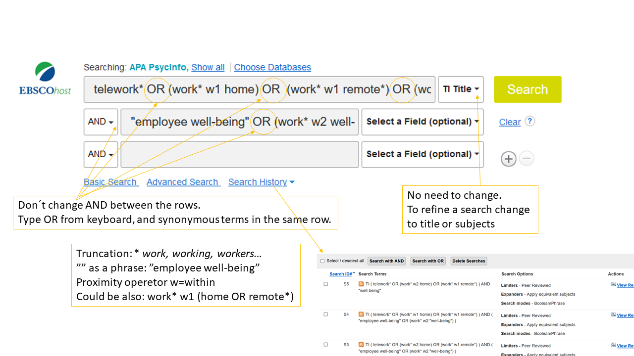 Search query example for Ebscohost databases: (telework OR (work w1 home)) AND "employee well-being"