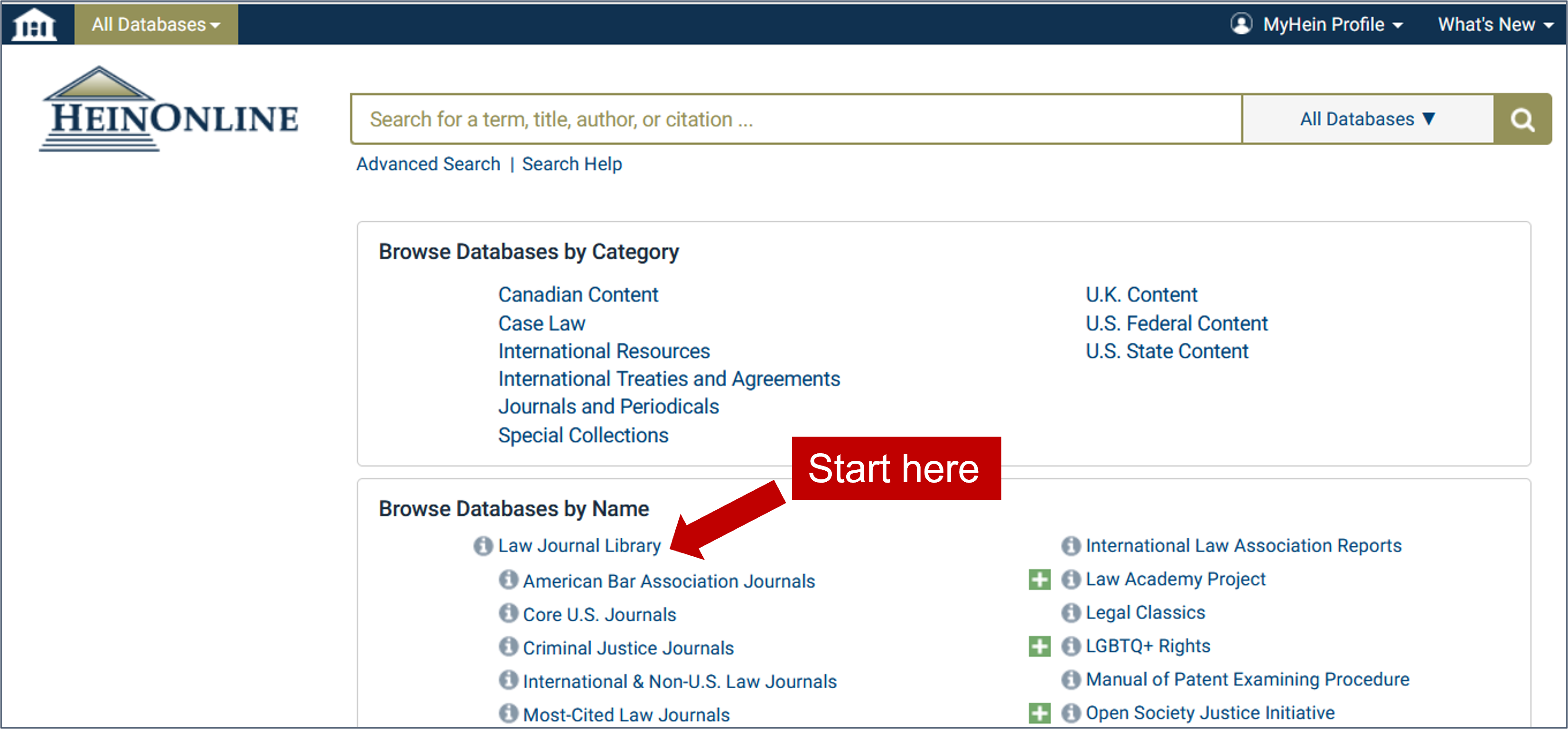 A screen capture of Heinonline front page. Under 'Browse databases by name' select 'Law journal library'.