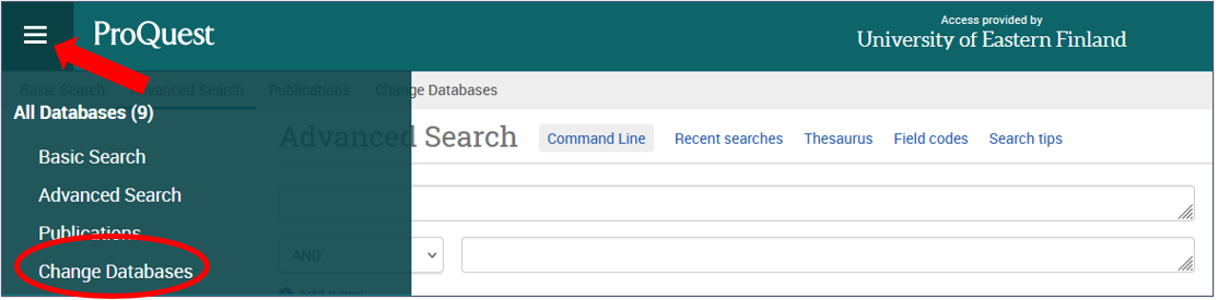 Screen capture of Proquest search form with a highlighted hint: in Proquest the database is changed from the menu in the left corner of the page using the link "Change databases".