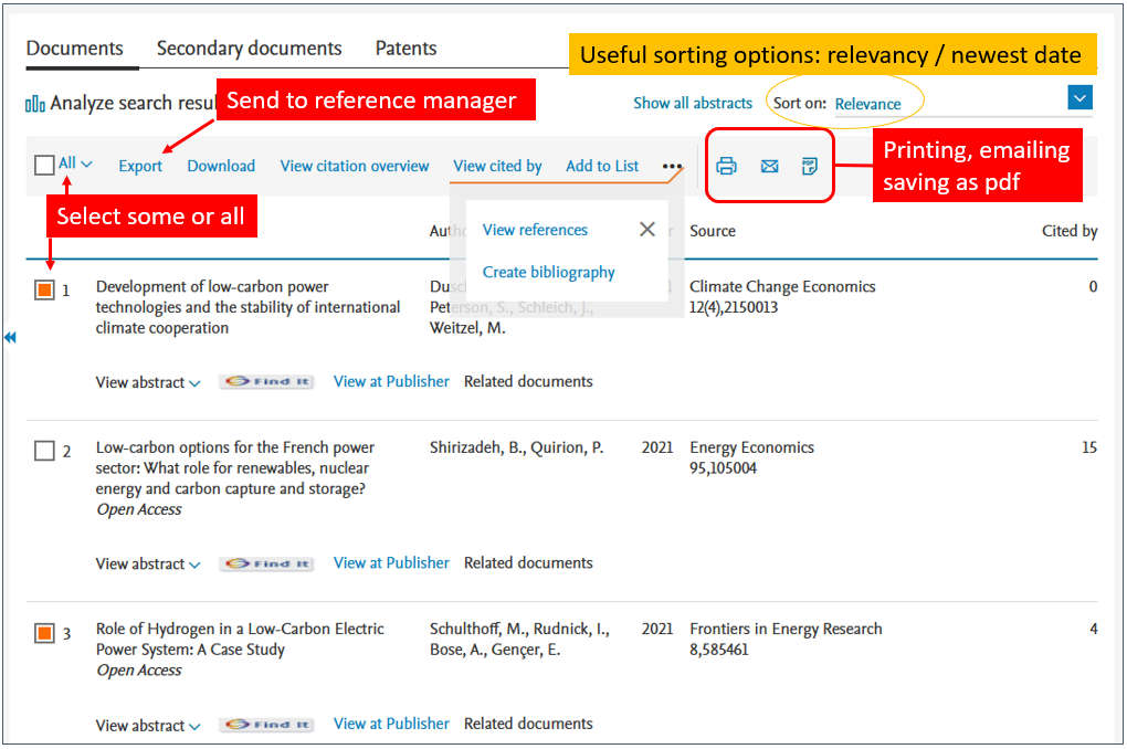 A screen shot of Scopus results listing. Icons for printing, emailing and saving as pdf. Other action are displayed as text. Export-link is for sending references to reference manager. Useful sorting options: relevancy / newest date.